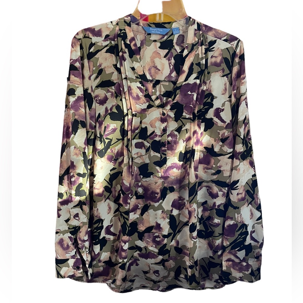 Simply Vera Vera Wang Long Sleeve V Neck 4 Button Popover Floral Blouse Large - Picture 7 of 14
